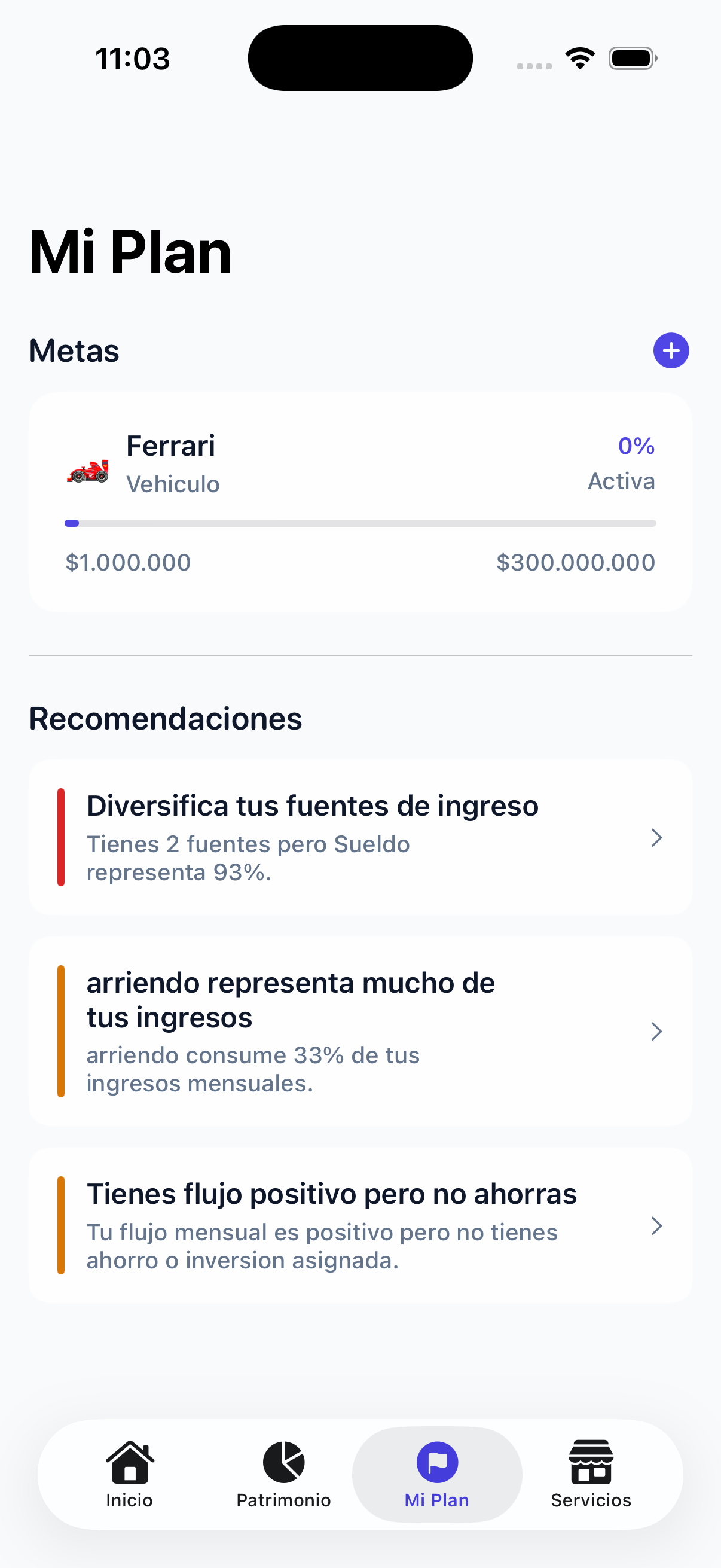 Mi Plan — metas y recomendaciones
