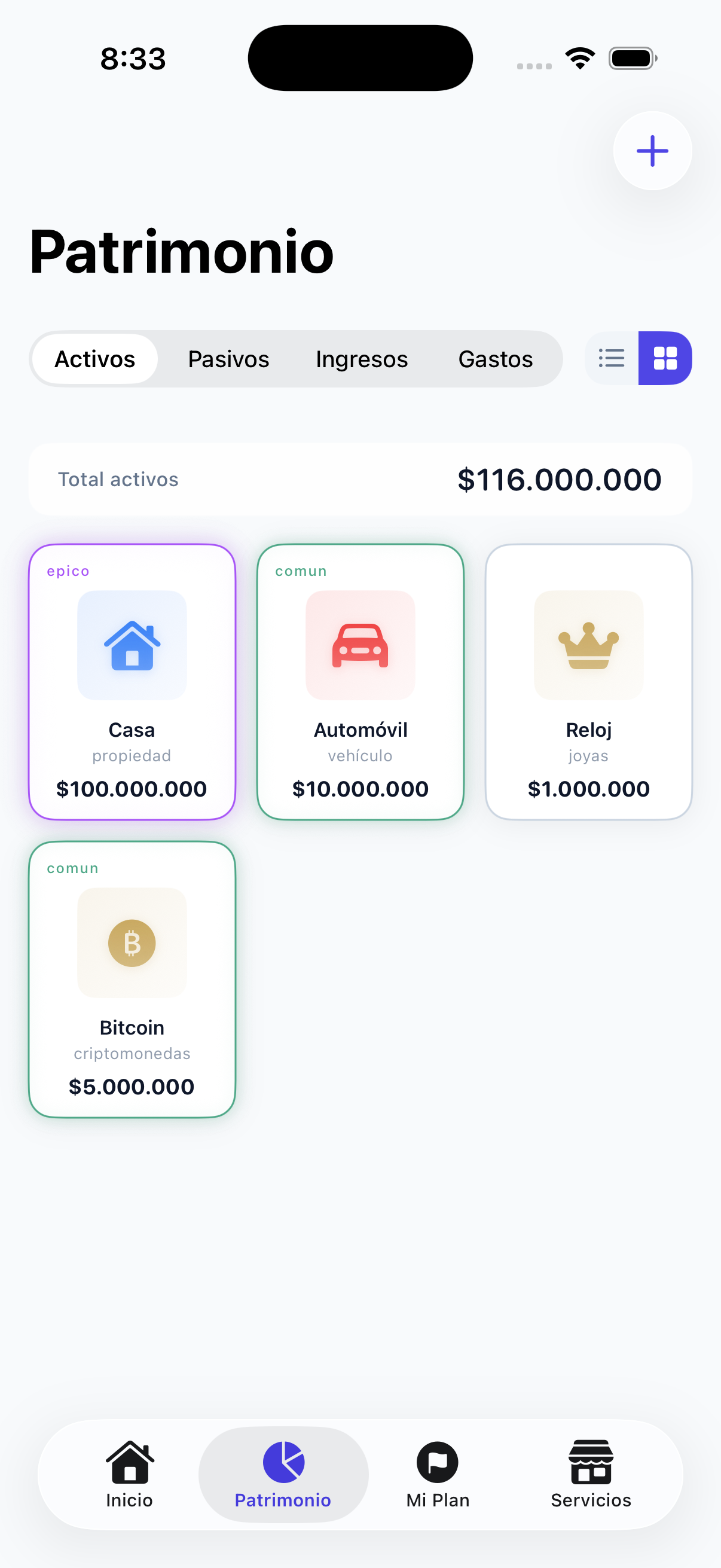 Patrimonio — tus activos en cards